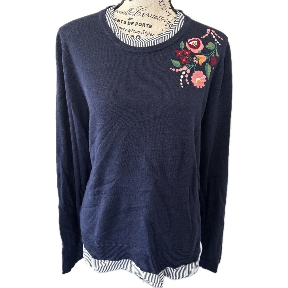 Crown & Ivy Sweater Women's 2X Navy Floral Embroidered Top Sweater Combo Coastal